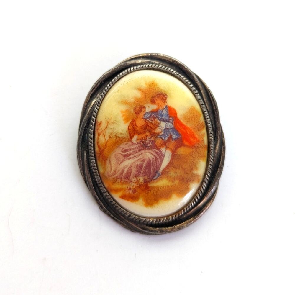 Vintage Estate Silver Tone French Courting Couple Ceramic Print Pendant Brooch